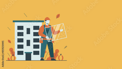 Construction worker holding glass pane for repair outside a residential building Autumn home maintenance vector