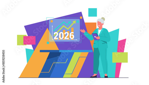 Senior businesswoman presenting 2026 financial growth chart planning future strategy and business success