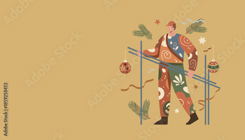 Modern illustration of a worker decorating with festive Christmas ornaments and pine branches