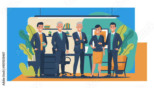 Diverse team of professionals including senior and young members standing confidently in a modern office environment