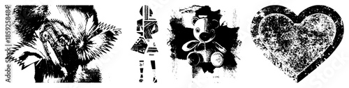 Four graphic crying face, fragmented figure, teddy bear, heart