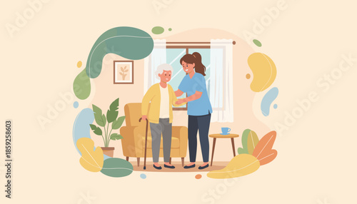 Caretaker assists smiling senior woman with a cane in a cozy home setting Home healthcare and elder care illustration