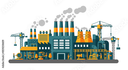 Busy industrial factory complex illustration with smokestacks and construction cranes Manufacturing production concept