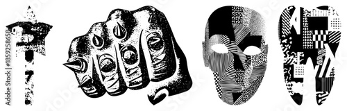 four abstract black and white vector of fist mask and face