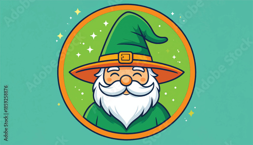 Cartoon wizard with green hat and white beard in a circle.