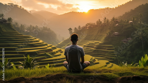 A young man contemplating a multi-level rice terraces between mountains in Indonesia at sunset