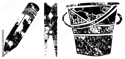pencil clothespin bucket vector distressed black white