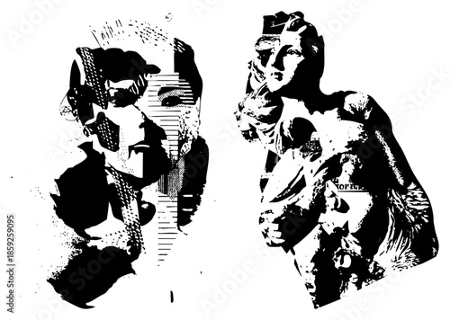 two stylized human busts facing each other in high contrast graphic style