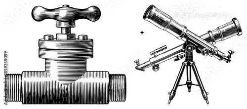 industrial valve and telescope vector illustration