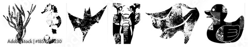 six stylized animals in black and white vector art