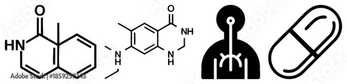 chemical structure diagram plus pill and human body symbol