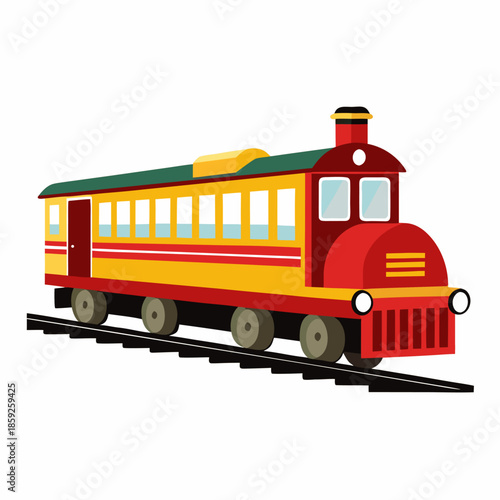 Colorful train shown in side view, isolated on white background. Suitable for kids illustrations, education, games, posters, and travel themed projects. Vector illustration