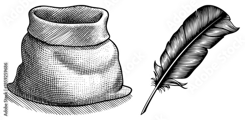 sack and feather ink pen vintage illustration