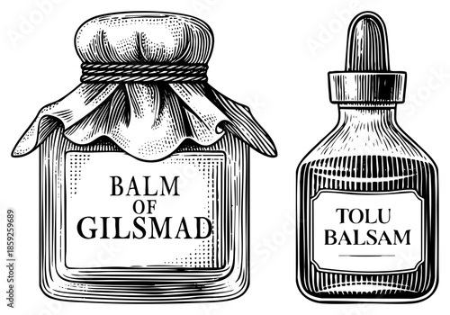 Two vintage apothecary bottles labeled Balm of Gilsmad and Tolu Balsam