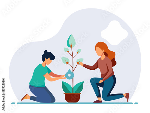 Two people are carefully planting and nurturing a young seedling together