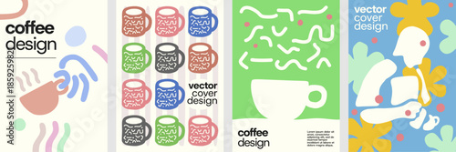 Coffee poster design set featuring playful illustrations, modern typography, abstract patterns, and bold graphic compositions.
