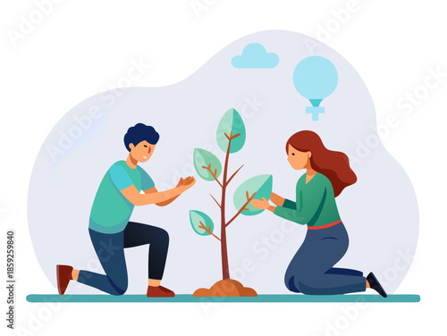 A couple carefully nurturing a young plant symbolizing growth and connection