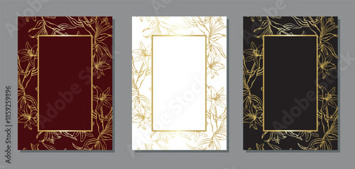 Set of three luxury floral cards with gold lily outlines on burgundy, white, and black. Elegant  vector frames for wedding invitations and upscale events