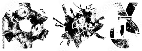 Three abstract mechanical symbols in distressed black and white vector style