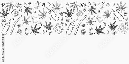 A whimsical sketch of cannabis leaves fruits and various organic elements