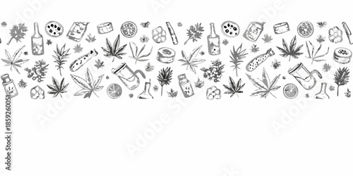 A whimsical sketch showcasing cannabis leaves bottles and various related items