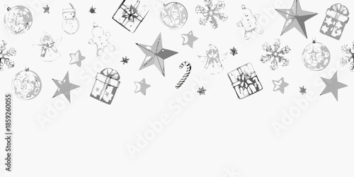 A festive seamless pattern of hand drawn christmas ornaments and winter holiday decorations