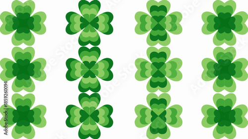 A seamless pattern of vibrant green four leaf clovers on a white background
