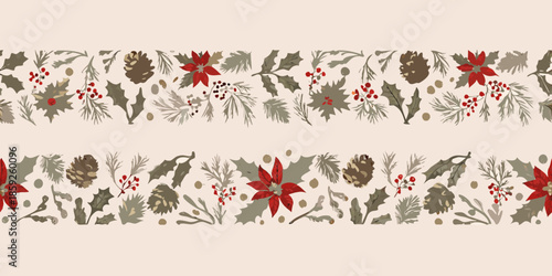 Festive winter botanical seamless pattern with holly pinecones and poinsettia flowers