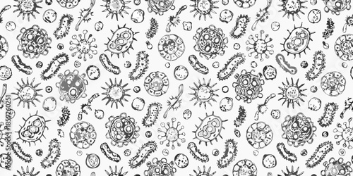 Intricate black and white sketch of various bacteria and microorganisms pattern