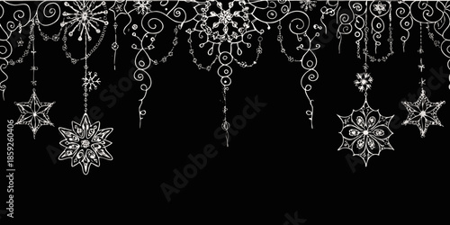 Elegant black and white illustration featuring intricate snowflake and star ornaments