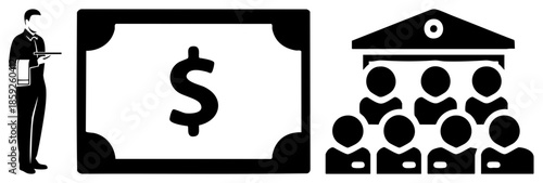 Businessman serving dollar bill to group in bank