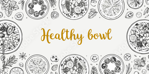 Decorative illustration featuring various healthy bowls and botanical elements in sketch style