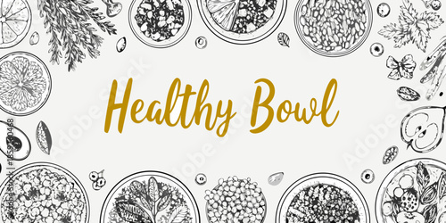 A decorative illustration showcasing various fruits and healthy bowl arrangements