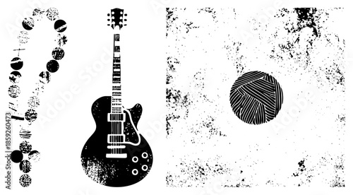 Rosary beads electric guitar yarn ball black and white distressed vector