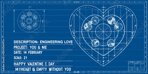 Blueprint of a heart engineering design and valentine s day sentiment