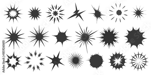 Collection of diverse black starburst and explosion graphic elements on white background