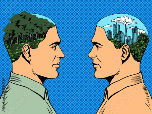 Contrasting minds one head shows nature the other an urban cityscape