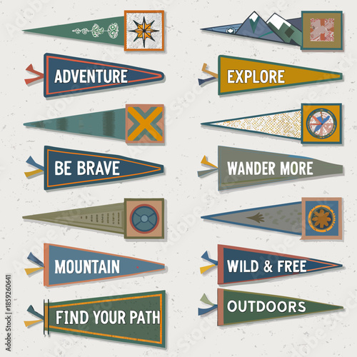A collection of colorful vintage style pennant flags with inspiring outdoor themes