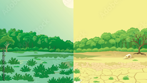 A stark contrast lush greenery and a parched barren landscape side by side