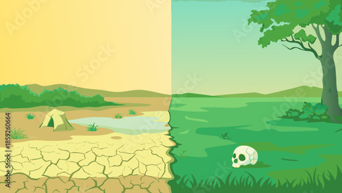 A stark contrast arid desert landscape versus a lush green environment