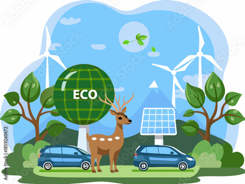 Sustainable future wind turbines solar panels wildlife and eco friendly transportation