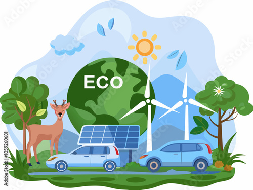 Sustainable future renewable energy wildlife and eco friendly transport solutions illustrated