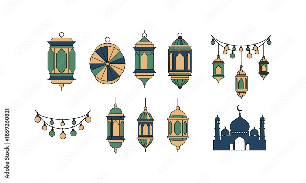 Fototapeta premium Lanterns set bundle ramadan with decoration design vector illustration