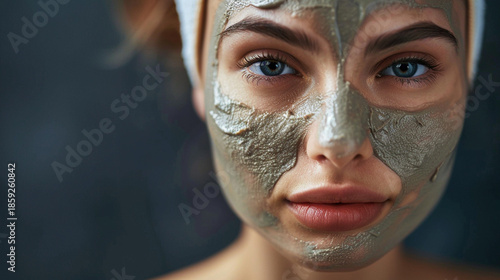 Close-up portrait of attractive girl with a towel on head and clay mask on face isolated over orange background, Generative AI