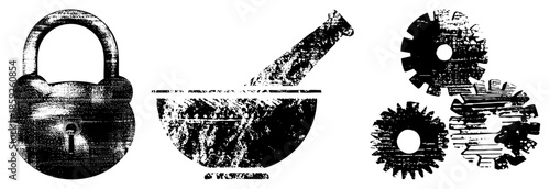 padlock mortar pestle gears black and white vector
