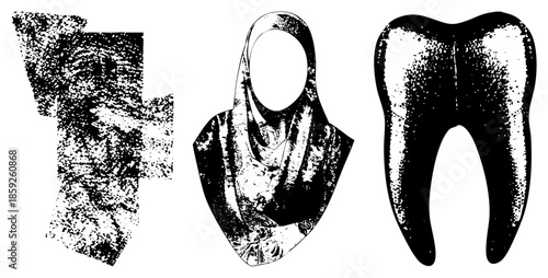 three black and white vector of abstract face, hijab, and tooth