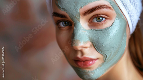 Close-up portrait of attractive girl with a towel on head and clay mask on face isolated over orange background, Generative AI