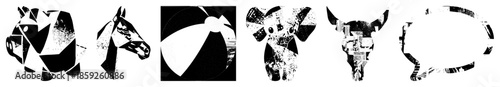 Abstract animal heads and shapes in black and white collage style