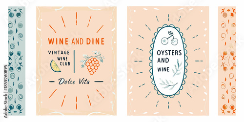 Vintage style banners with wine oysters and decorative elements