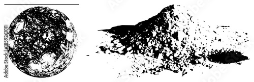 Abstract shattered sphere and fragmented mountain silhouette